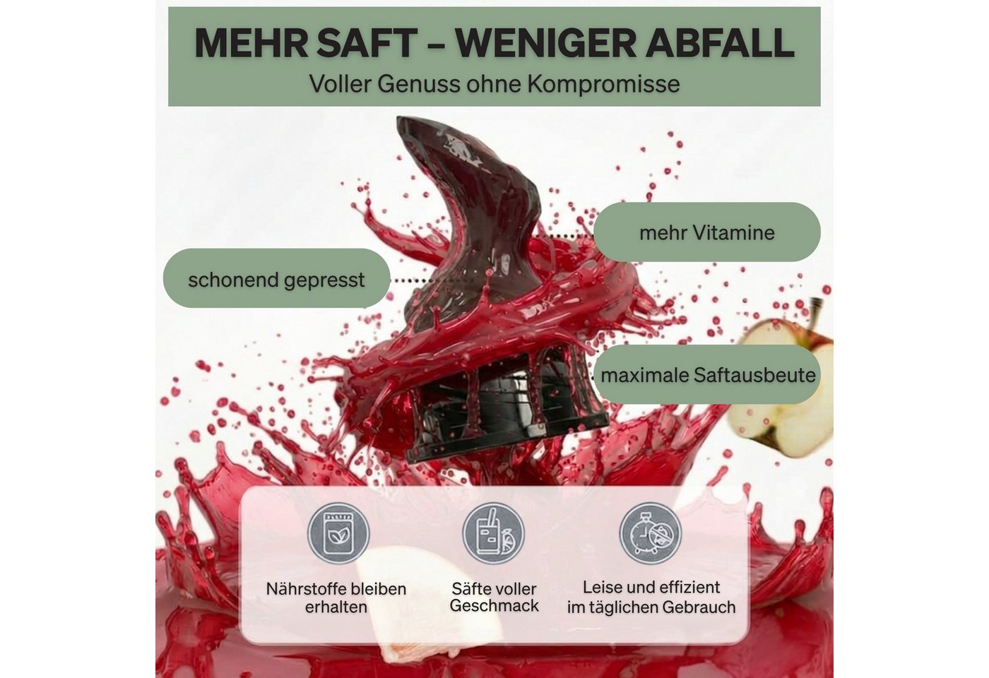 FERNHOLD Slow Juicer Entsafter für ganze Früchte & Gemüse, Kaltentsafter mit 130 mm Öffnung, 250 W, 1,8 l Saftbehälter, BPA-frei, Inkl. 2 Gläsern & Saftrezepte Bild 4