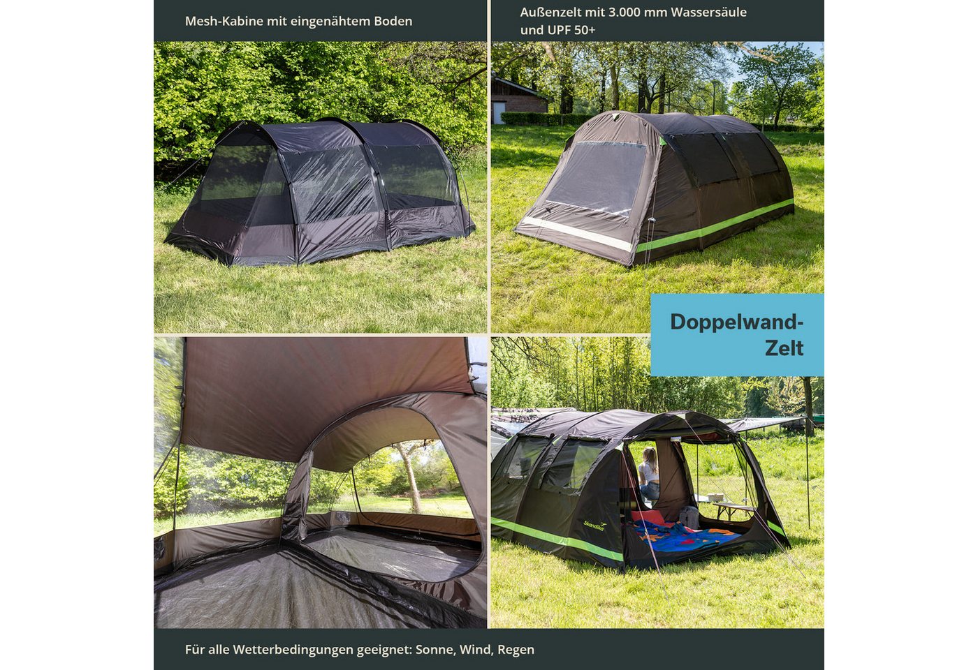 Skandika Tunnelzelt Campingzelt, Familienzelt, Solheim 6 Protect, 2 m Stehhöhe, Personen: 6 (Alle Türen als Sonnendach nutzbar, Tragetasche), eingenähter Zeltboden, 3000mm Wassersäule, UPF 50+, mit Moskitonetz Bild 3