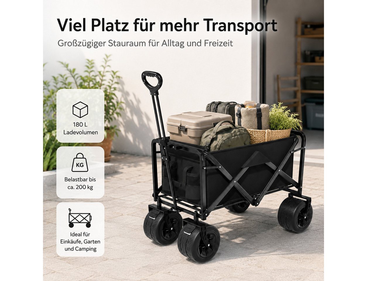 ibettertec Bollerwagen Faltbarer Bollerwagen mit abnehmbarer Tasche, stabilem Rahmen (Faltbarer Bollerwagen 180L/Belastbar bis 200kg, Camping‑ und Einkaufswagen), mit Doppelbremse und höhenverstellbarem Griff