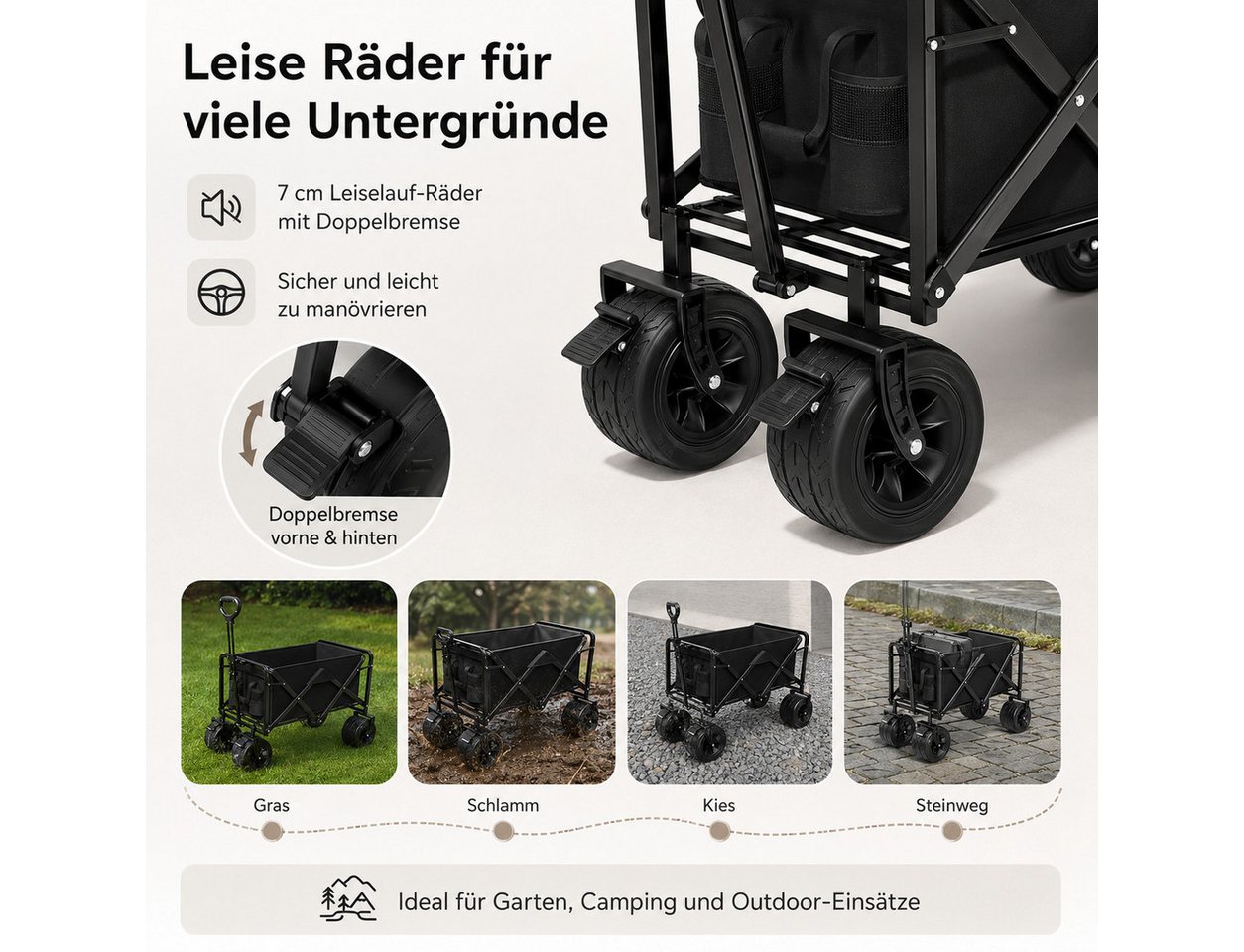 ibettertec Bollerwagen Faltbarer Bollerwagen mit abnehmbarer Tasche, stabilem Rahmen (Faltbarer Bollerwagen 180L/Belastbar bis 200kg, Camping‑ und Einkaufswagen), mit Doppelbremse und höhenverstellbarem Griff Bild 2