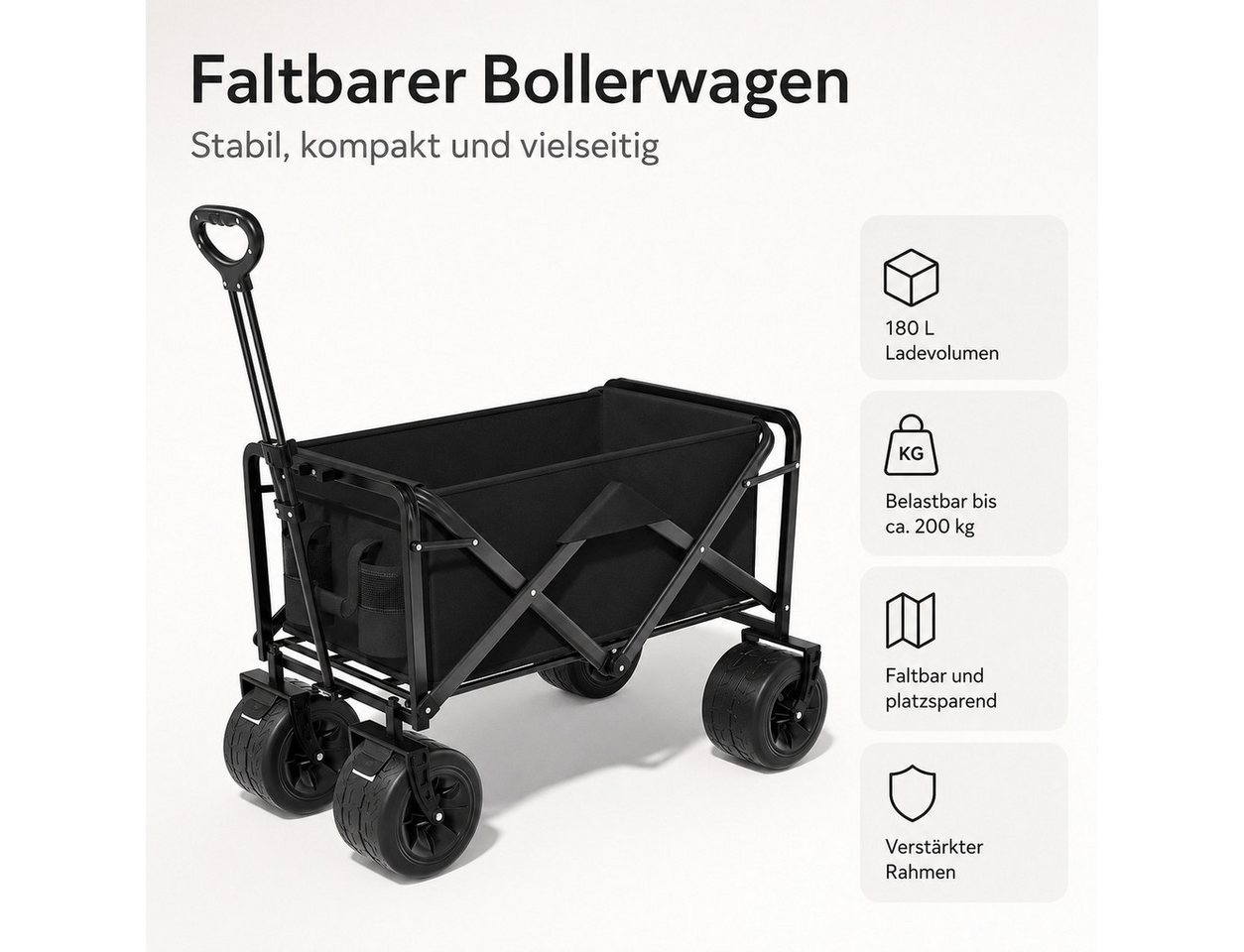 ibettertec Bollerwagen Faltbarer Bollerwagen mit abnehmbarer Tasche, stabilem Rahmen (Faltbarer Bollerwagen 180L/Belastbar bis 200kg, Camping‑ und Einkaufswagen), mit Doppelbremse und höhenverstellbarem Griff Bild 3
