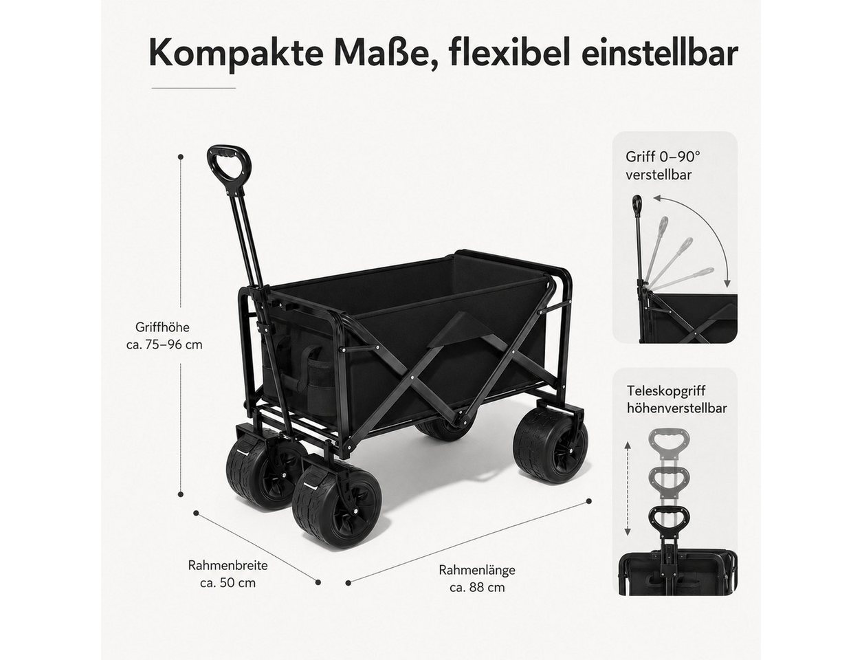ibettertec Bollerwagen Faltbarer Bollerwagen mit abnehmbarer Tasche, stabilem Rahmen (Faltbarer Bollerwagen 180L/Belastbar bis 200kg, Camping‑ und Einkaufswagen), mit Doppelbremse und höhenverstellbarem Griff Bild 5