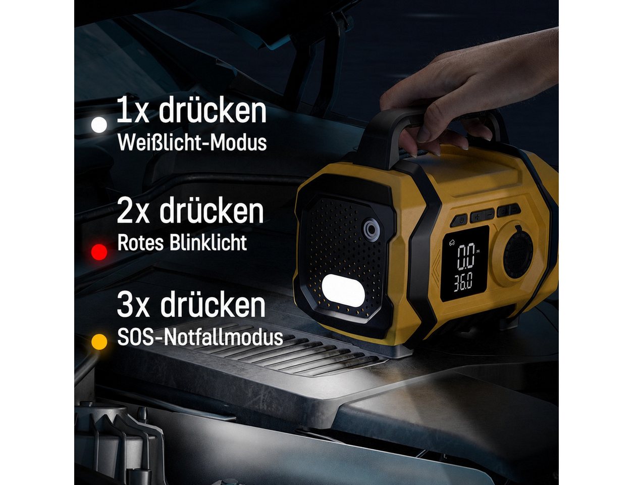 AIBISTAR Auto Starthilfe Powerbank mit 150PSI,6-in-1 Autobatterie-Ladegerät Autobatterie-Ladegerät (14-tlg., intelligentes LED-Display,SOS-Modus, 8000mAh,Powerbank-Funktion,Blasfunktion,Vakuumfunktion,Notstromquelle)