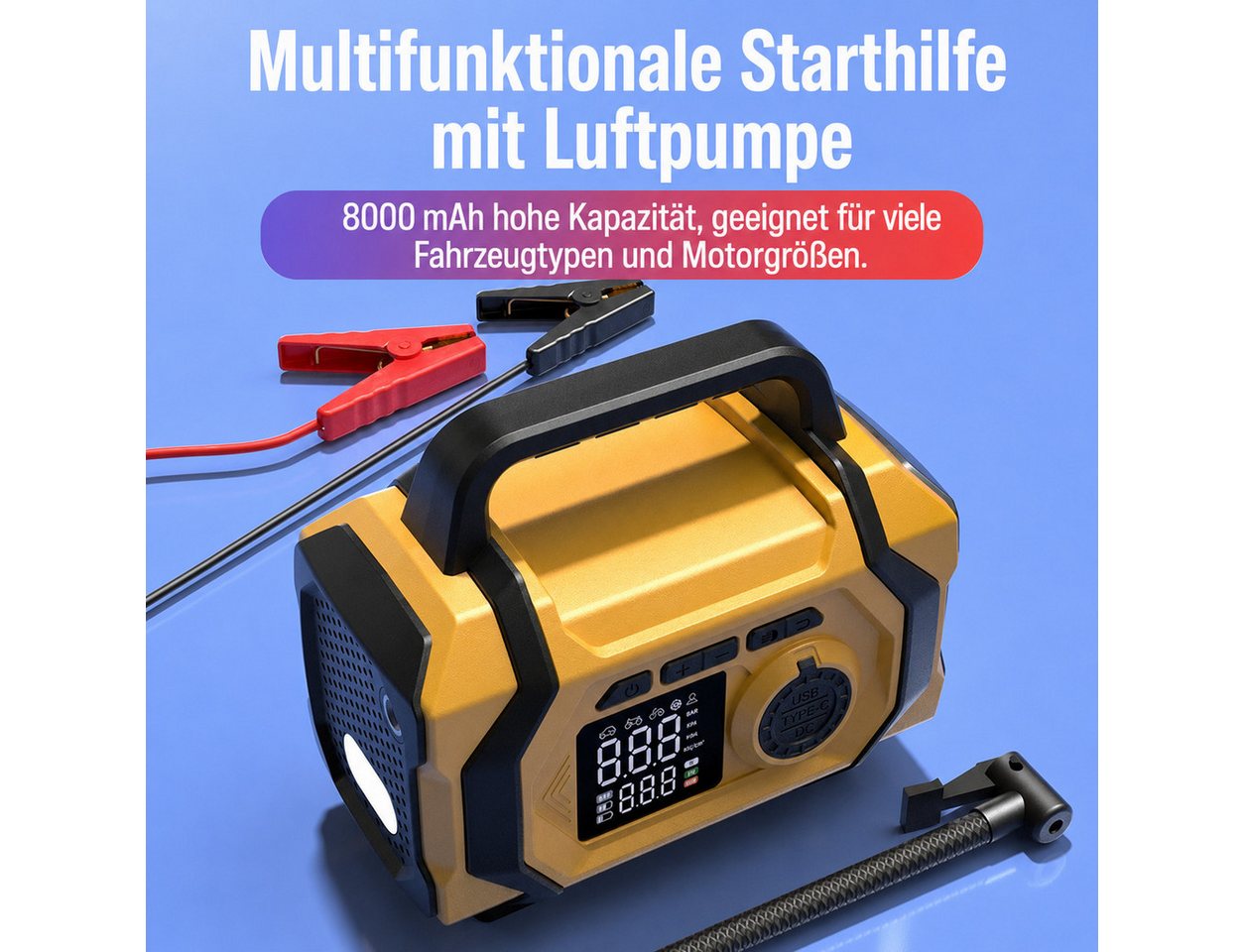 AIBISTAR Auto Starthilfe Powerbank mit 150PSI,6-in-1 Autobatterie-Ladegerät Autobatterie-Ladegerät (14-tlg., intelligentes LED-Display,SOS-Modus, 8000mAh,Powerbank-Funktion,Blasfunktion,Vakuumfunktion,Notstromquelle) Bild 4