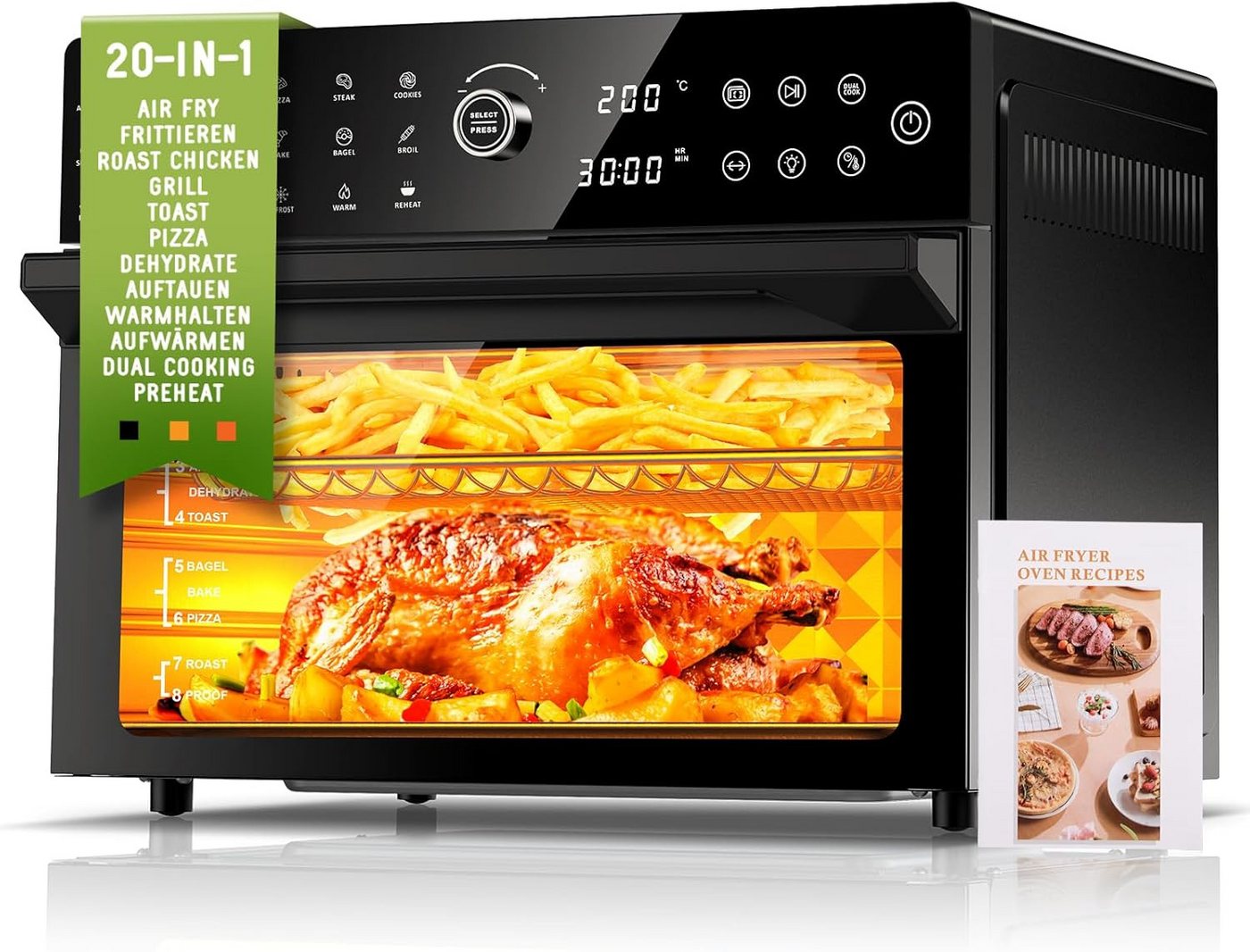 Azmsary Minibackofen 30L XXL-Heißluftfritteuse mit Touchscreen, 1800W & 20 Programmen, LED-Smarttouch, 30L Dual-Kochsystem, 7 Profi-Zubehör.