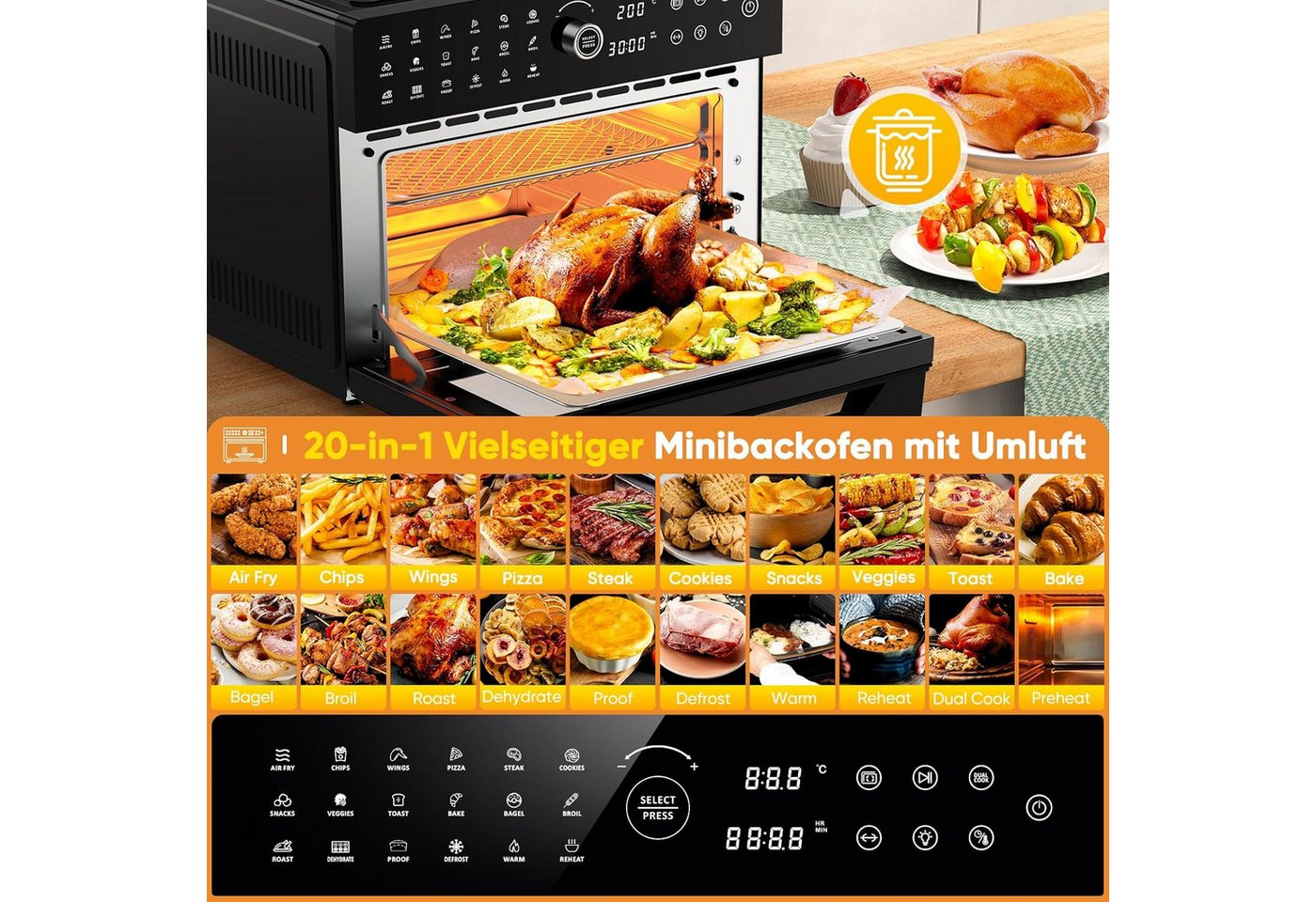 Azmsary Minibackofen 30L XXL-Heißluftfritteuse mit Touchscreen, 1800W & 20 Programmen, LED-Smarttouch, 30L Dual-Kochsystem, 7 Profi-Zubehör. Bild 2