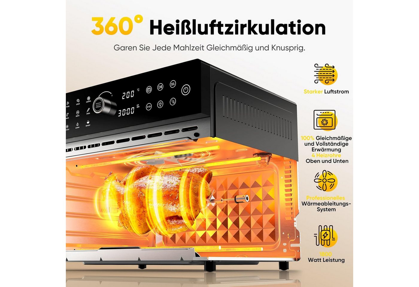 Azmsary Minibackofen 30L XXL-Heißluftfritteuse mit Touchscreen, 1800W & 20 Programmen, LED-Smarttouch, 30L Dual-Kochsystem, 7 Profi-Zubehör. Bild 3