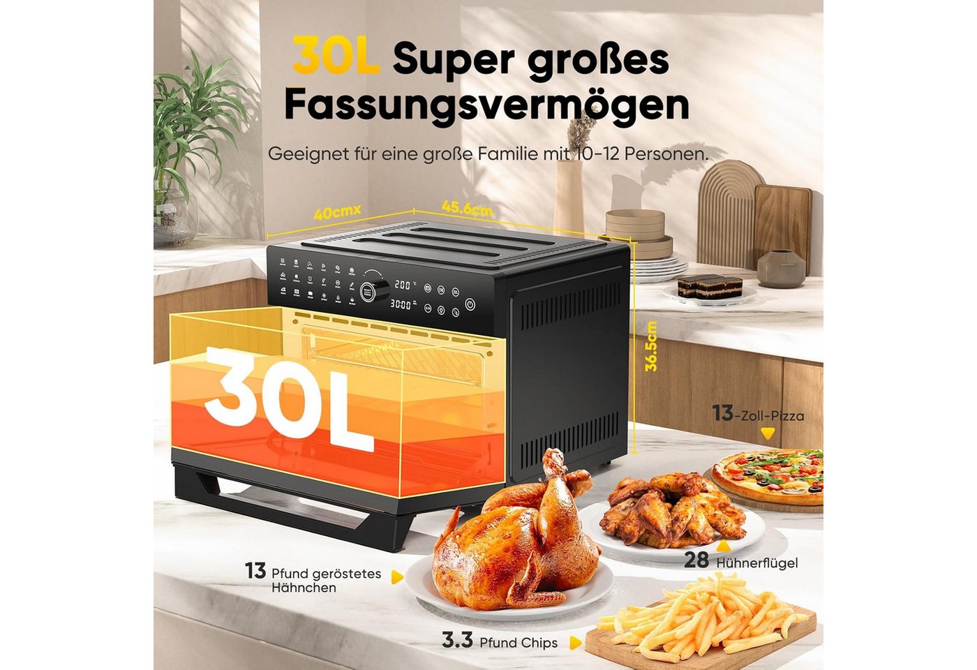 Azmsary Minibackofen 30L XXL-Heißluftfritteuse mit Touchscreen, 1800W & 20 Programmen, LED-Smarttouch, 30L Dual-Kochsystem, 7 Profi-Zubehör. Bild 4
