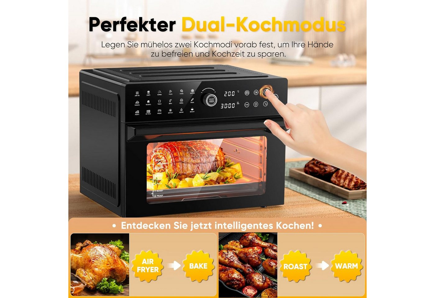 Azmsary Minibackofen 30L XXL-Heißluftfritteuse mit Touchscreen, 1800W & 20 Programmen, LED-Smarttouch, 30L Dual-Kochsystem, 7 Profi-Zubehör. Bild 5