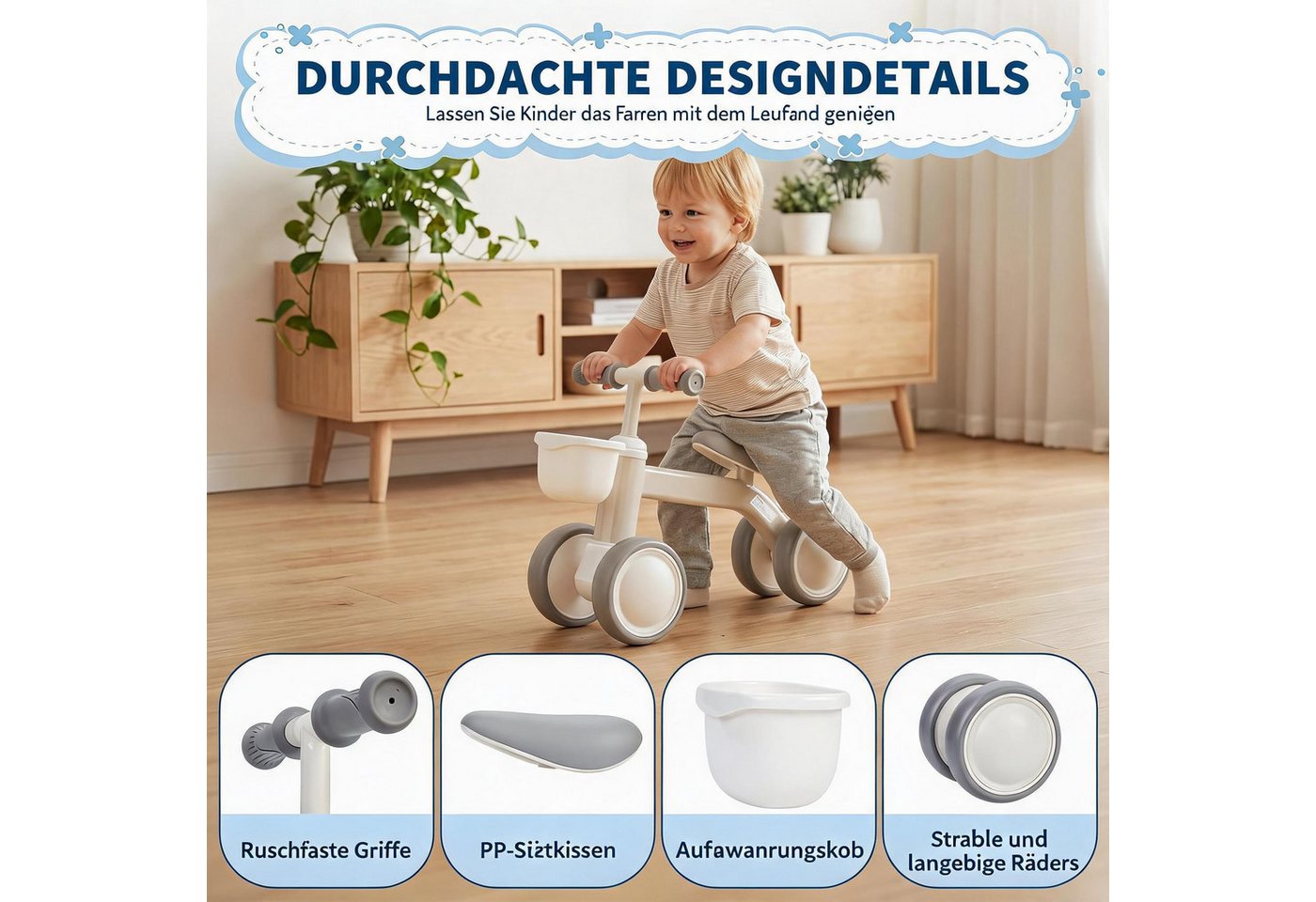 GarveeMore Laufrad 4-Rad mit Korb, für Kinder ab 1 Jahr, rutschfest & leicht, bis 25 kg Bild 2