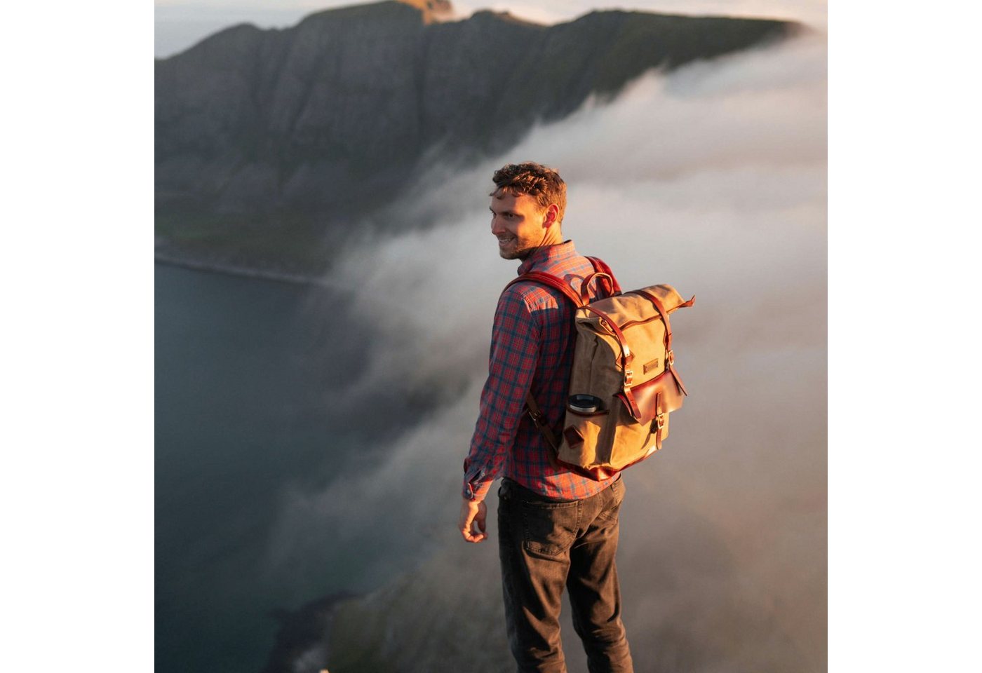 DRAKENSBERG Wanderrucksack Roll-Top »Adam« Khaki-Sand, wetterfester Vintage Rucksack aus gewachstem Canvas und Leder, robust Bild 5