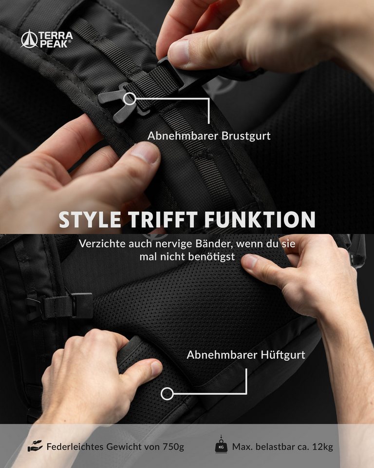 Terra Peak Tagesrucksack, Rucksack für Damen und Herren, 20 bis 25l Volumen, für Laptops bis 15