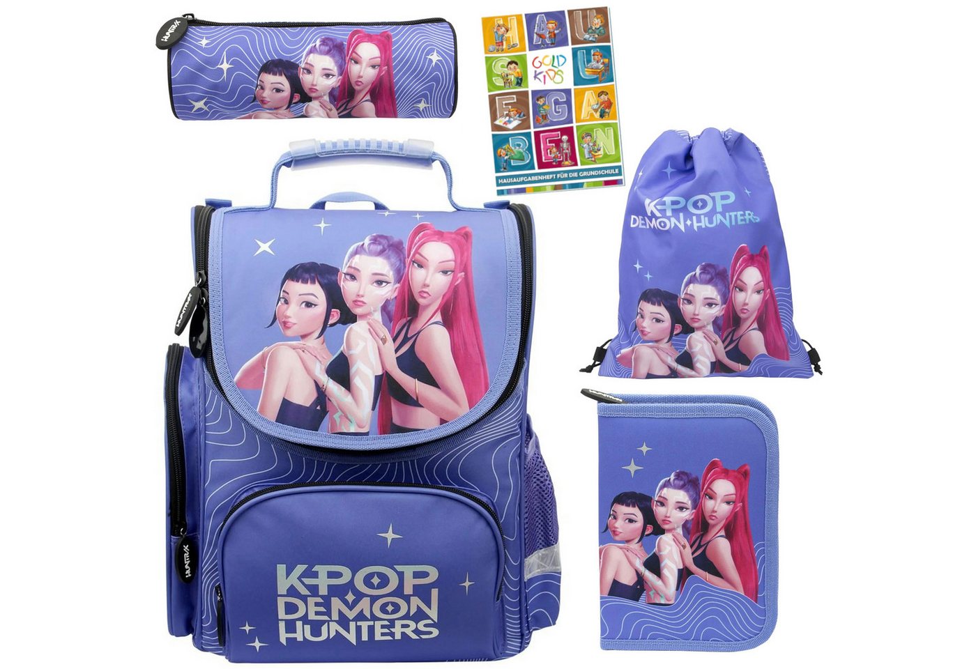 GOLDKIDS Schulranzen für Jungen und Mädchen, 5er-Set - (Schul-Rucksack für Kinder mit Federmäppchen, 1-tlg., - Schuhbeutel Schlampermäppchen und Hausaufgabenheft), - K-POP Motiv