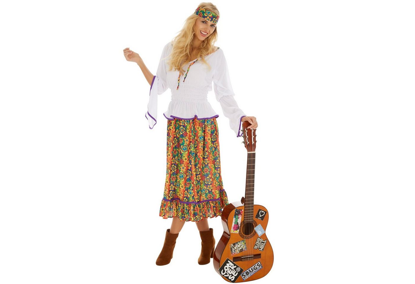 dressforfun Hippie-Kostüm Blumenkind/Friedensfreund, in bunt, Inkl. Haarband, Ausgestellte, Gr. XL, Hipper langer Rock, Rock mit Blumenprint im Retrolook der 70er Bild 2
