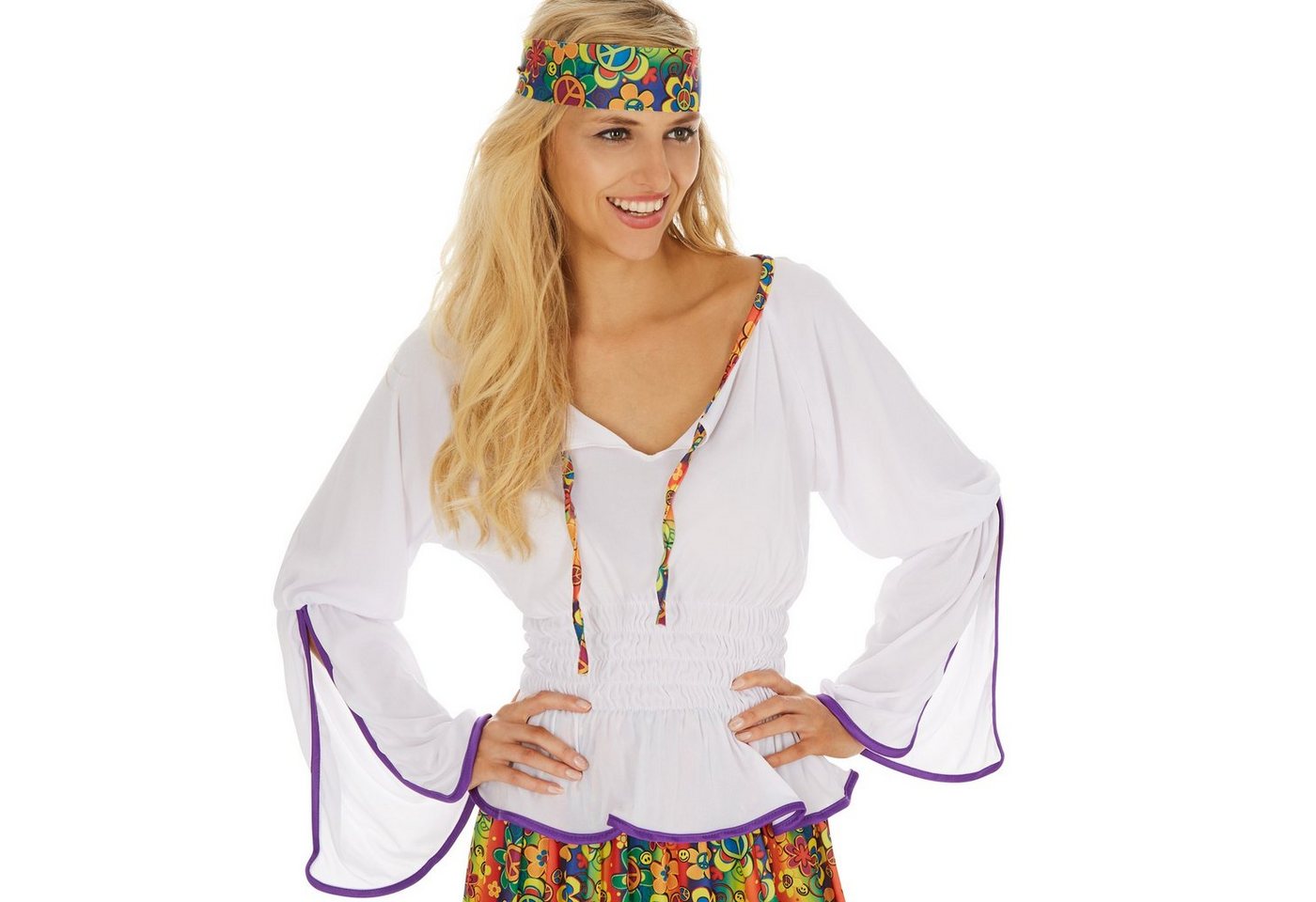 dressforfun Hippie-Kostüm Blumenkind/Friedensfreund, in bunt, Inkl. Haarband, Ausgestellte, Gr. XL, Hipper langer Rock, Rock mit Blumenprint im Retrolook der 70er Bild 3