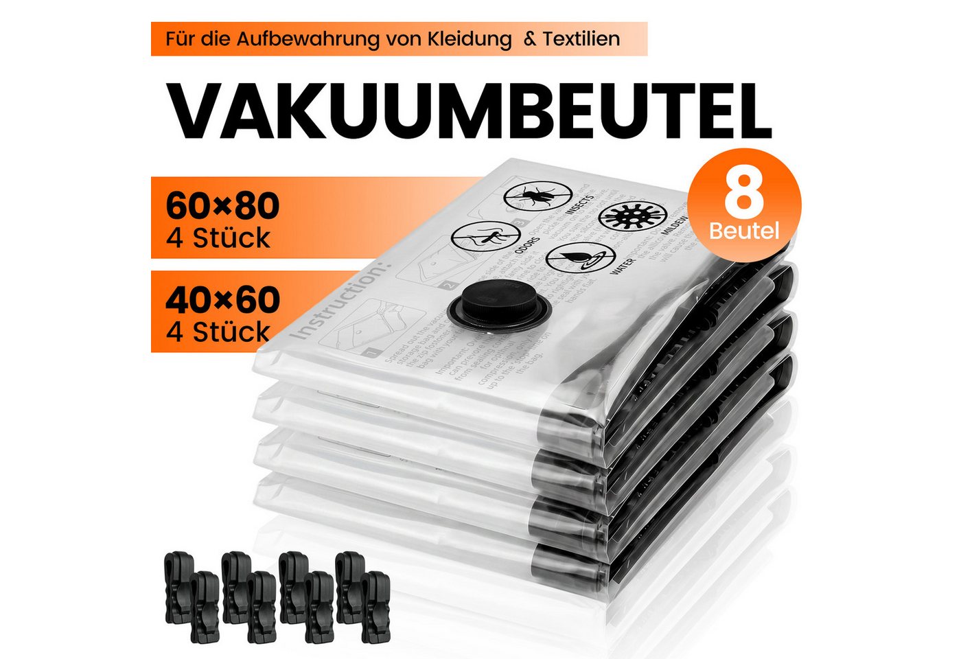 Bundviel Kofferorganizer Vakuumbeutel für Kleidung mit kabelloser Vakuumpumpe 13 Stück (Set, 8-tlg), 4 Größen ideal für Kleidung, Handgepäck und ordentliches Packen