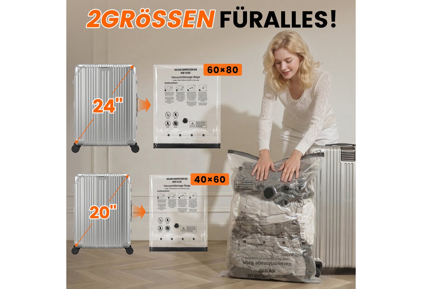Bundviel Kofferorganizer Vakuumbeutel für Kleidung mit kabelloser Vakuumpumpe 13 Stück (Set, 8-tlg), 4 Größen ideal für Kleidung, Handgepäck und ordentliches Packen Bild 5