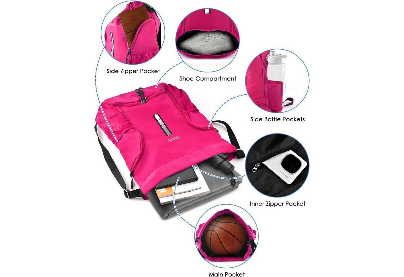 LuxusKollektion Sporttasche Sportbeutel Turnbeutel Kordelzug Schuhfach Wasserfest Damen Magenta