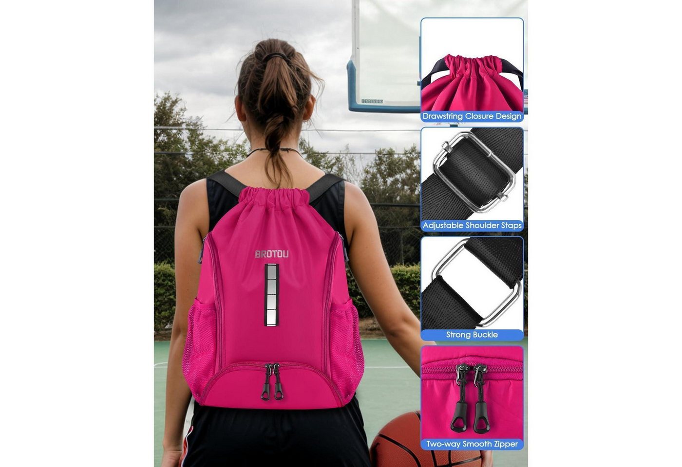 LuxusKollektion Sporttasche Sportbeutel Turnbeutel Kordelzug Schuhfach Wasserfest Damen Magenta Bild 4