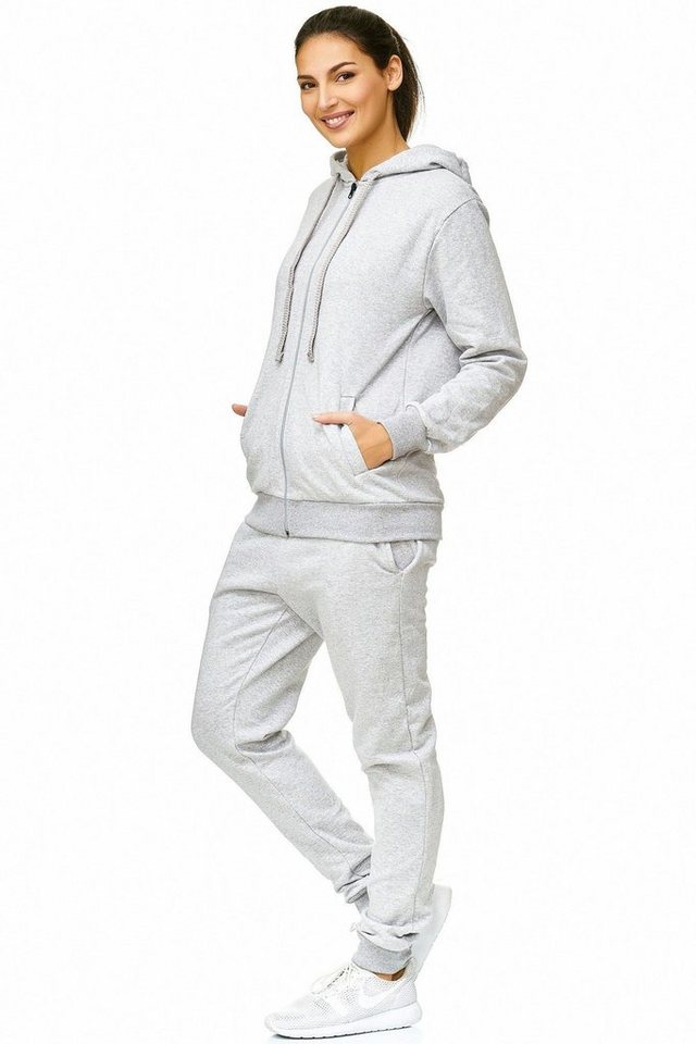 L.gonline Freizeitanzug Damen Jogginganzug einfarbig 100% Baumwolle 586 Grau XL (Kapuzenjacke mit Reißverschluss, Hose, 2-tlg), Fitness Freizeit Casual