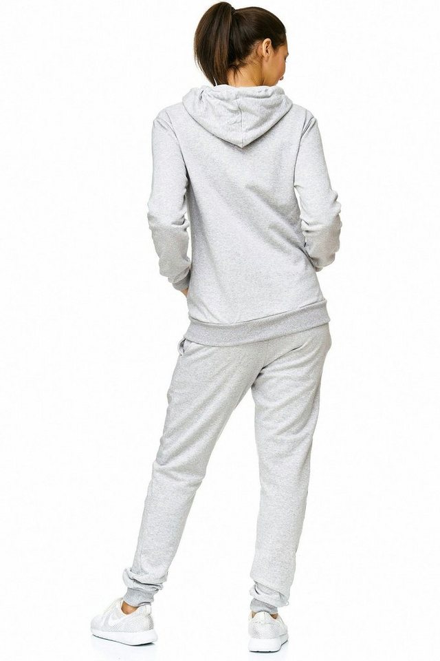L.gonline Freizeitanzug Damen Jogginganzug einfarbig 100% Baumwolle 586 Grau XL (Kapuzenjacke mit Reißverschluss, Hose, 2-tlg), Fitness Freizeit Casual Bild 3