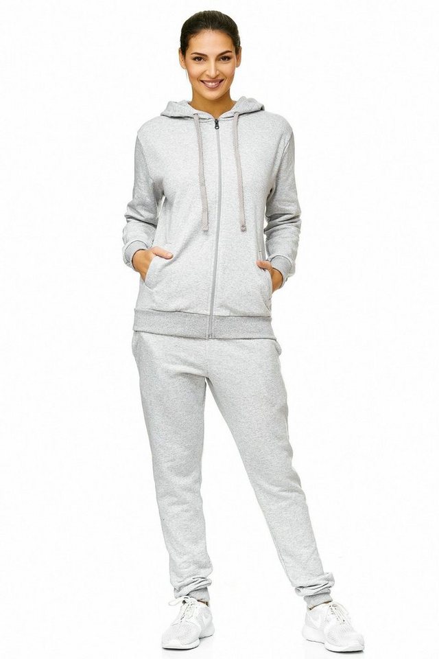 L.gonline Freizeitanzug Damen Jogginganzug einfarbig 100% Baumwolle 586 Grau XL (Kapuzenjacke mit Reißverschluss, Hose, 2-tlg), Fitness Freizeit Casual Bild 4