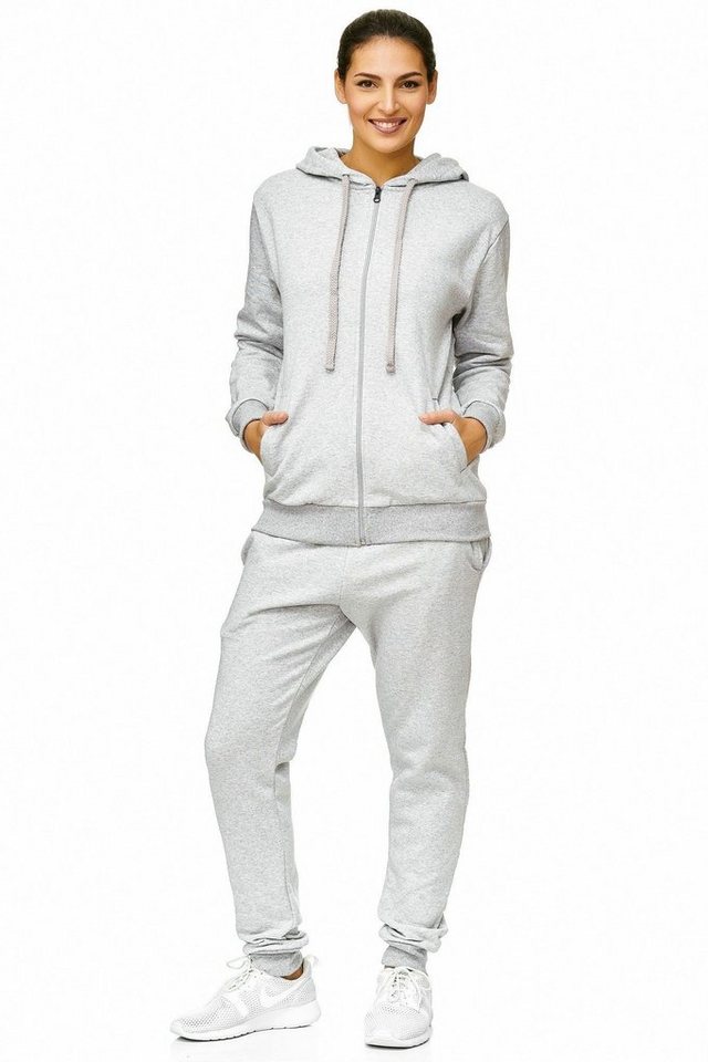L.gonline Freizeitanzug Damen Jogginganzug einfarbig 100% Baumwolle 586 Grau XL (Kapuzenjacke mit Reißverschluss, Hose, 2-tlg), Fitness Freizeit Casual Bild 5