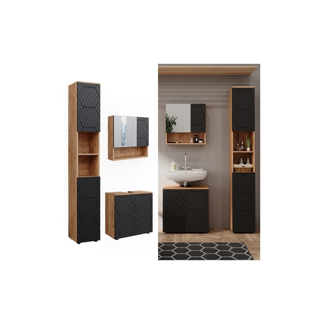 Vicco Badmöbel-Set Irma Goldkraft Eiche/Anthrazit 3 Teile mit Hochschrank