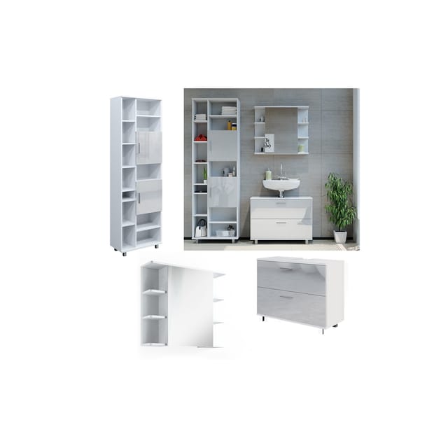 Vicco Badmöbel-Set Ilias Weiß Hochglanz 3 Teile mit Hochschrank Opt 2