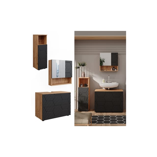 Vicco Badmöbel-Set Irma Goldkraft Eiche/Anthrazit 3 Teile mit Midischrank