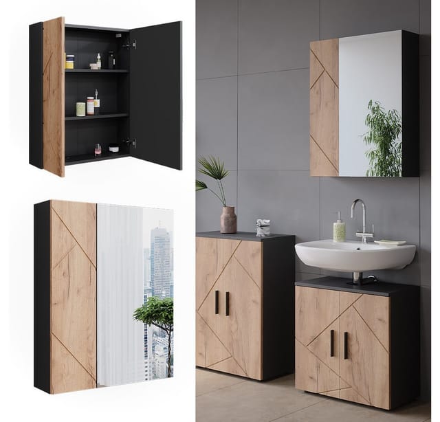Vicco Badspiegelschrank Irma Anthrazit/Goldkraft Eiche 60 x 75 cm