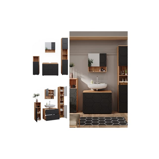 Vicco Badmöbel-Set Irma Goldkraft Eiche/Anthrazit 4 Teile mit Schubladenschrank und Hochschrank