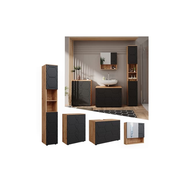 Vicco Badmöbel-Set Irma Goldkraft Eiche/Anthrazit 4 Teile mit Schubladenschrank und Midischrank