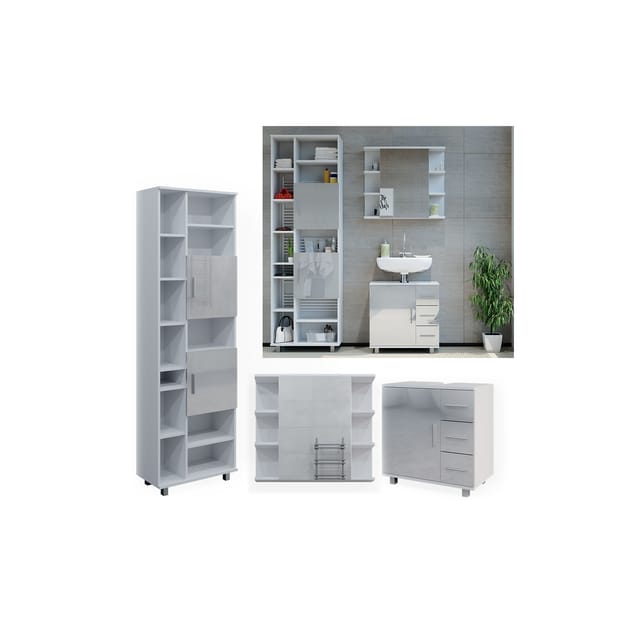 Vicco Badmöbel-Set Ilias Weiß Hochglanz 3 Teile mit Hochschrank
