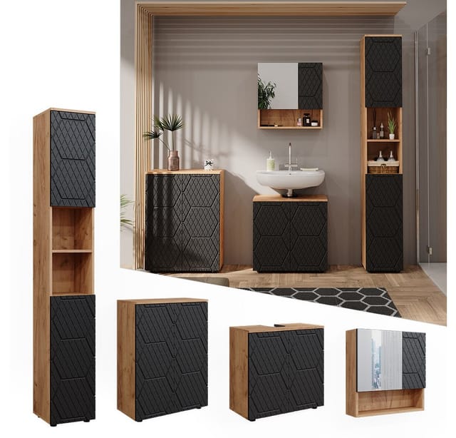 Vicco Badmöbel-Set Irma Goldkraft Eiche/Anthrazit 4 Teile mit Hochschrank und Kommode