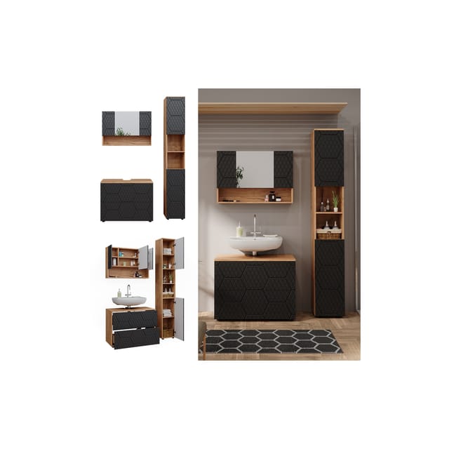 Vicco Badmöbel-Set Irma Goldkraft Eiche/Anthrazit 3 Teile mit Spiegelschrank 80 cm