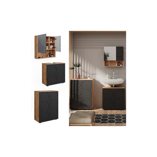 Vicco Badmöbel-Set Irma Goldkraft Eiche/Anthrazit 3 Teile mit Unterschrank 60 cm