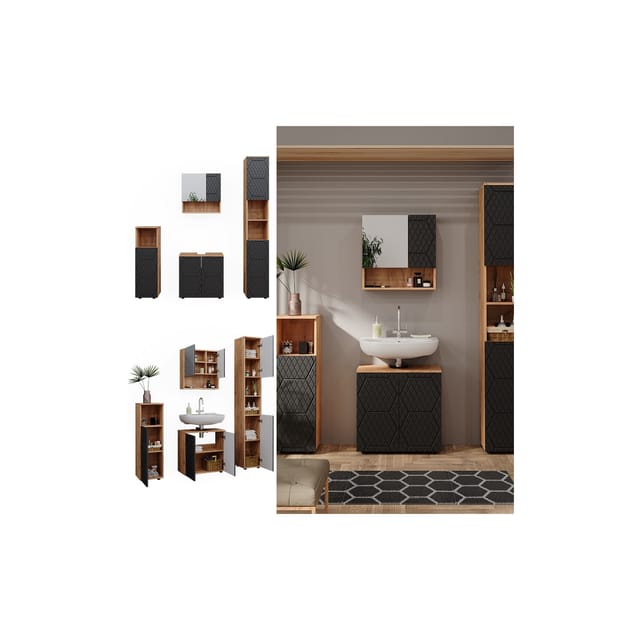 Vicco Badmöbel-Set Irma Goldkraft Eiche/Anthrazit 4 Teile mit Hochschrank