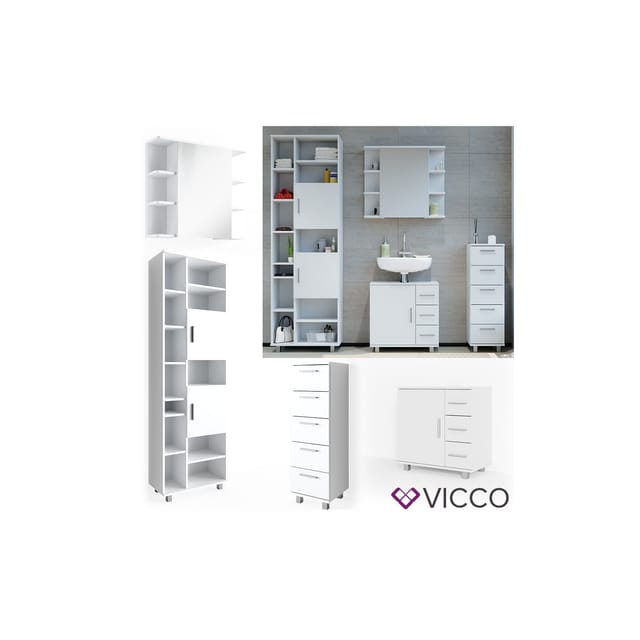 Vicco Badmöbel-Set Ilias Weiß 4 Teile mit Hochschrank