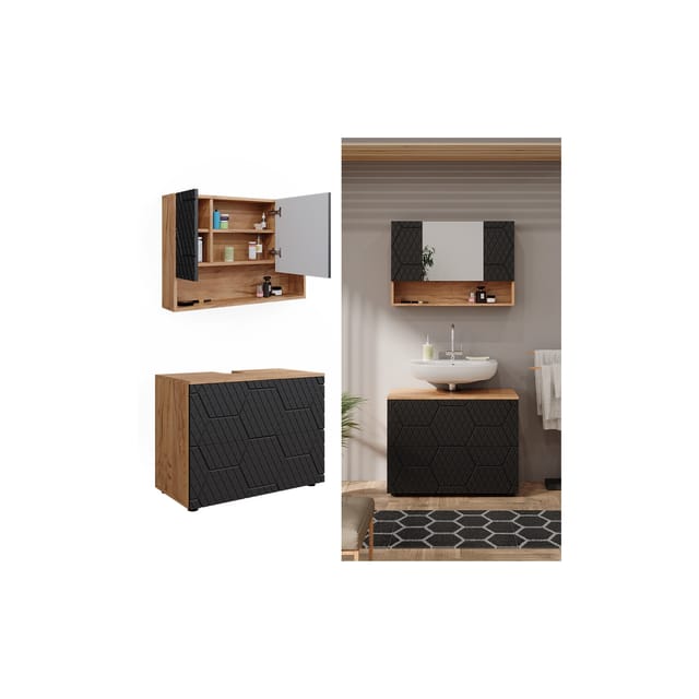 Vicco Badmöbel-Set Irma Goldkraft Eiche/Anthrazit 2 Teile Unterschrank 80 cm