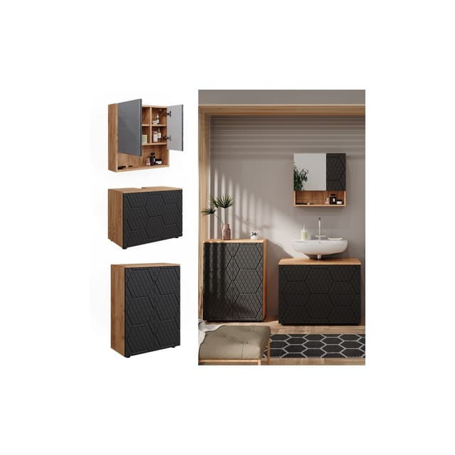 Vicco Badmöbel-Set Irma Goldkraft Eiche/Anthrazit 3 Teile mit Unterschrank 80 cm