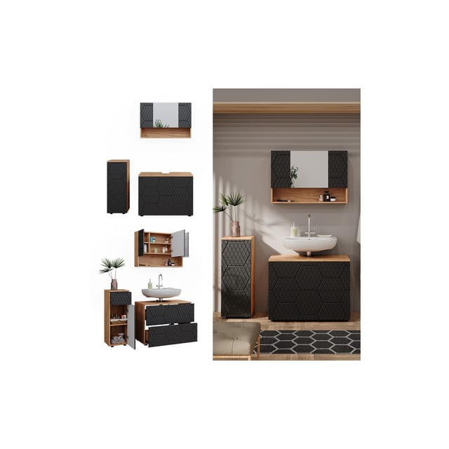 Vicco Badmöbel-Set Irma Goldkraft Eiche/Anthrazit 3 Teile mit Schubladenschrank und Midischrank