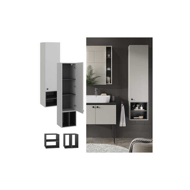 Vicco Badschrank Gerta Grau/Schwarz 38 x 150 cm mit Tür und Offenen Fächern