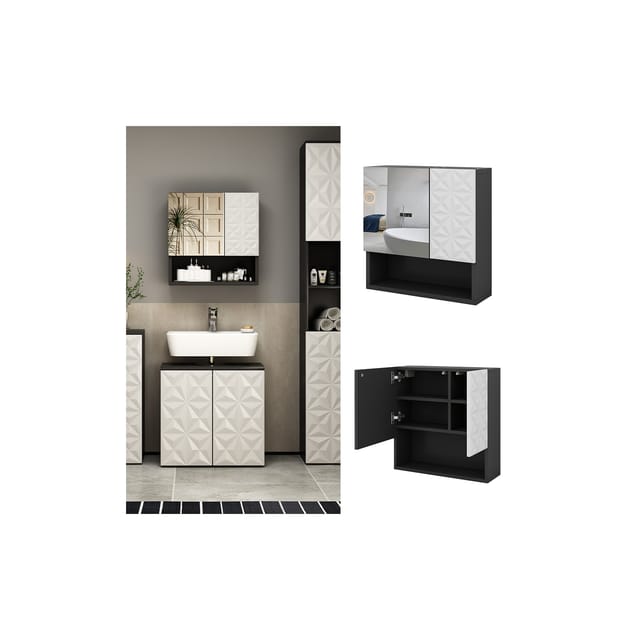 Vicco Badspiegelschrank Edge Schwarz/Weiß 54 x 55 cm mit Tür und Offenen Fächern