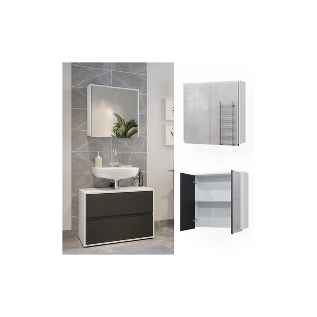 Vicco Badspiegelschrank Maltin Weiß/Anthrazit 60 x 58 cm mit Zwei Spiegeltüren