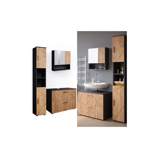 Vicco Badmöbel-Set Irma Goldkraft Eiche/Anthrazit 3 Teile mit Schubladenschrank und Hochschrank
