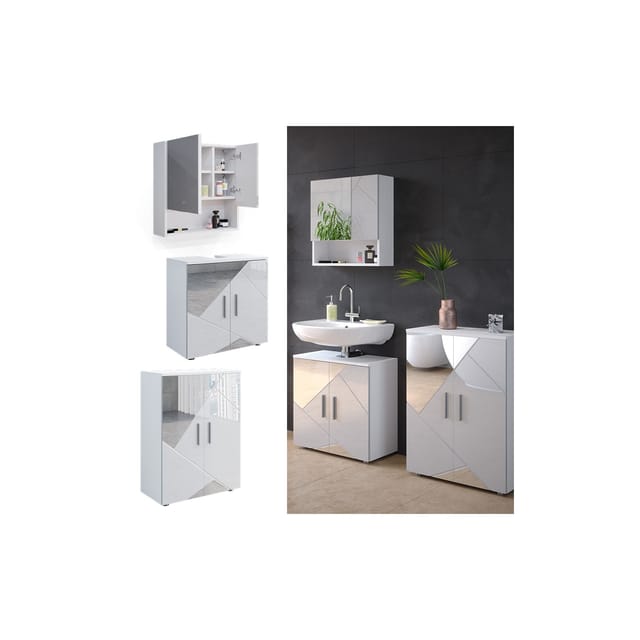 Vicco Badmöbel-Set Irma Weiß Hochglanz 3 Teile mit Unterschrank 60 cm Opt 2