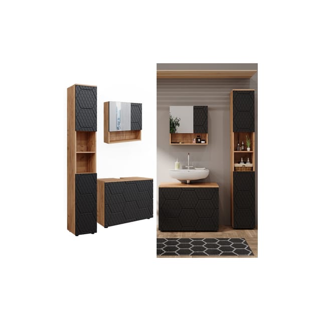 Vicco Badmöbel-Set Irma Anthrazit/Goldkraft Eiche 3 Teile mit Schubladenschrank und Hochschrank