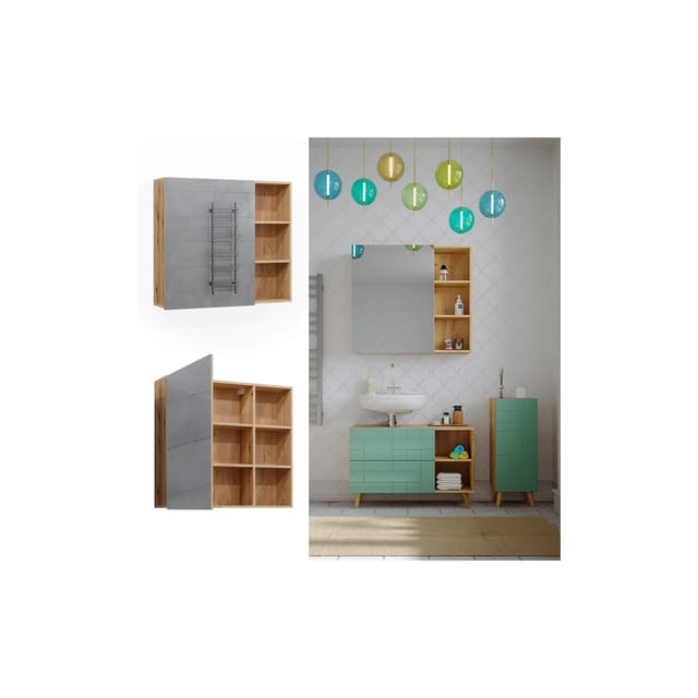 Vicco Badspiegelschrank Rudi Mintgrün/Eiche 90 x 81 cm mit Tür und Offenen Fächern