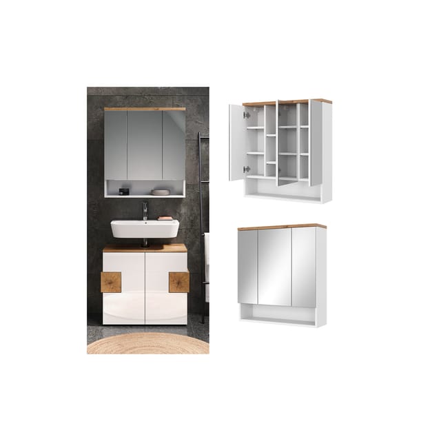 Vicco Badspiegelschrank Eden Weiß Hochglanz/Artisan-Eiche 70 x 78 cm mit 3 Türen